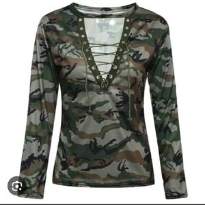 Camouflage Lace-Up Long Sleeve Top